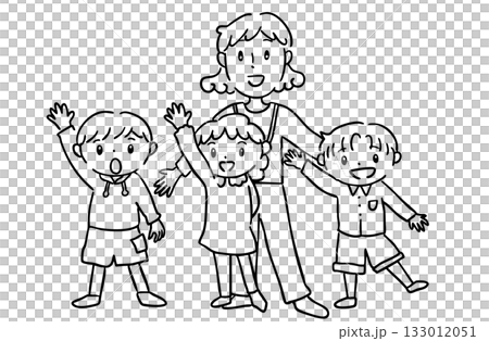 先生と手を挙げる子どもたちのイラスト/保育園・幼稚園・療育素材 先生と手を挙げる子どもたちのイラスト/保育園・幼稚園・療育素材 133012051