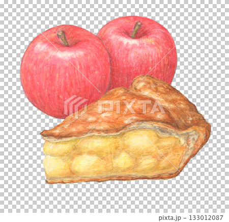 Apples and apple pie watercolor pencil illustration 133012087