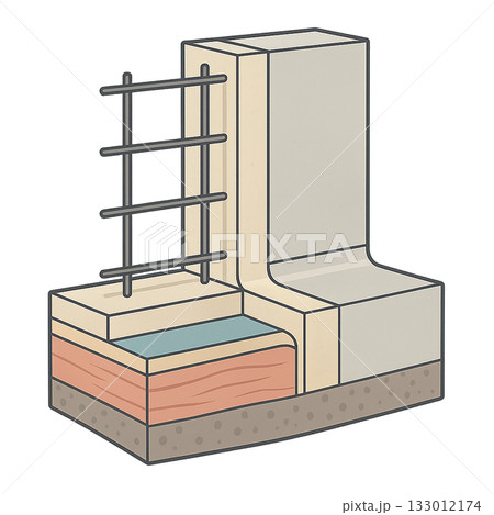 鉄筋コンクリート住宅の断面構造を示す図、 住宅基礎と鉄筋配置を解説する建築断面図、 RC造住宅の構造 133012174
