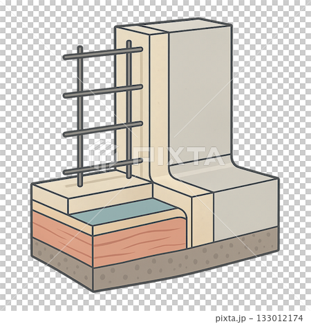 鉄筋コンクリート住宅の断面構造を示す図、 住宅基礎と鉄筋配置を解説する建築断面図、 RC造住宅の構造 133012174