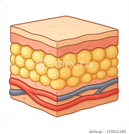皮下脂肪と血管の構造をわかりやすく示した断面図、 皮膚下の脂肪層と血管構造を描いた人体イラスト、 皮 133012180