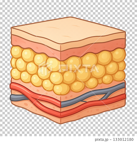 皮下脂肪と血管の構造をわかりやすく示した断面図、 皮膚下の脂肪層と血管構造を描いた人体イラスト、 皮 133012180