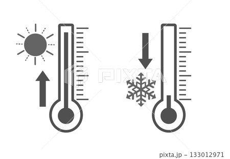 モノクロの温度計アイコン 上昇と下降 太陽と雪の結晶イラスト付き モノクロの温度計アイコン 上昇と下降 太陽と雪の結晶イラスト付き 133012971