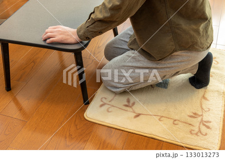 床に敷いたカーペットの上に座る 133013273