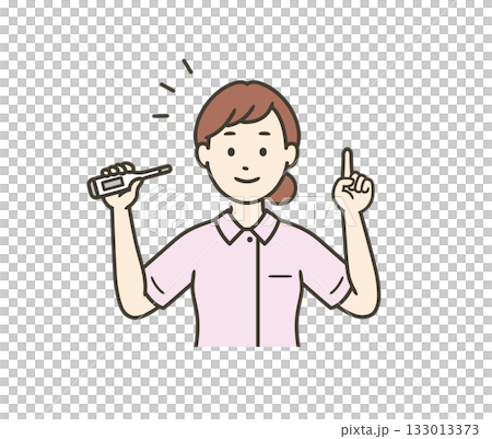 Upper body illustration of a female nurse or medical worker holding a thermometer and explaining 133013373