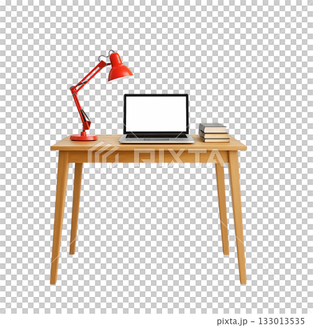 the desk with a computer, wooden table and a table 133013535