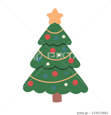 Cute vector illustration of a decorated Christmas tree with colorful ornaments and a star on top. Simple festive holiday design, perfect for greeting cards, stickers, promo and seasonal decorations Cute vector illustration of a decorated Christmas tree with colorful ornaments and a star on top. Simple festive holiday design, perfect for greeting cards, stickers, promo and seasonal decorations 133013662
