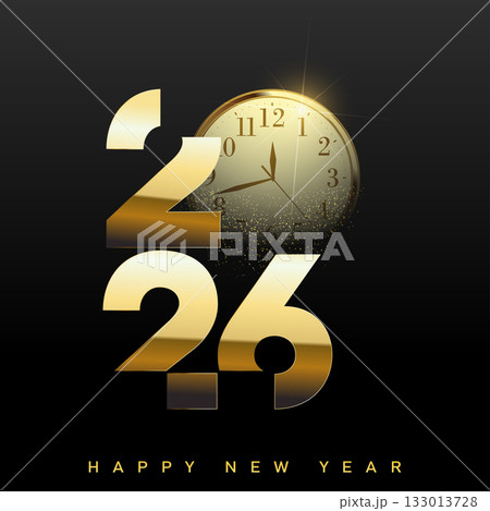Luxury Happy New Year 2026 with stylized golden clock logo. Vector Luxury Happy New Year 2026 with stylized golden clock logo. Vector 133013728