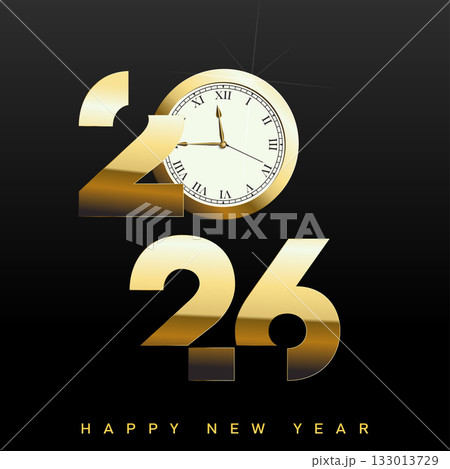 Luxury Happy New Year 2026 with stylized golden clock logo. Vector 133013729