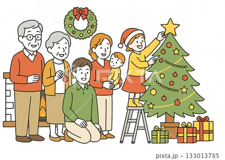 家族でクリスマスツリーの飾り付け 133013785