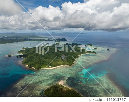 Green forest coastline with sandy beach and shallow reef near blue open sea. Siargao, Philippines. Sugba Blue Lagoon. 133013787