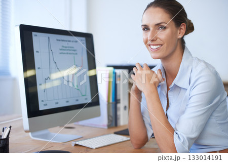 Portrait, happy woman and computer data with graphs, analytics and performance metrics. Female worker at desktop for business research, analysis and planning infographics, kpi sales chart and economy 133014191