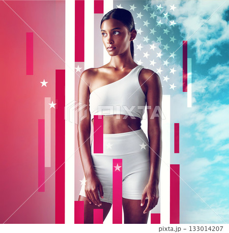 Double exposure, fitness and woman in gymwear for training, country representation and sports. Serious, overlay and Indian runner thinking of a marathon, athletics competition or national race Double exposure, fitness and woman in gymwear for training, country representation and sports. Serious, overlay and Indian runner thinking of a marathon, athletics competition or national race 133014207