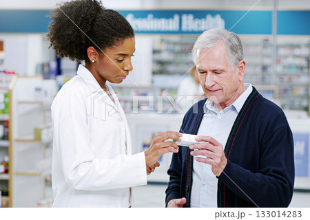 Pharmacy, medicine and pharmacist with senior man for help, assistance or medical service in drug store. Healthcare, clinic and woman read label for elderly male for pills, prescription or medication Pharmacy, medicine and pharmacist with senior man for help, assistance or medical service in drug store. Healthcare, clinic and woman read label for elderly male for pills, prescription or medication 133014283