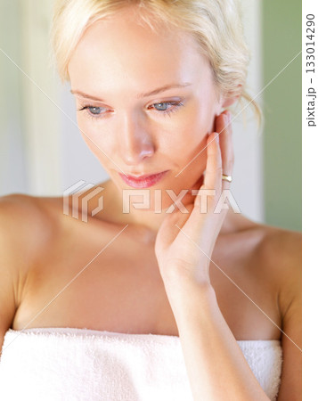 Relax, shower and skincare with woman in bathroom thinking for beauty, anti aging and wellness. Spa, luxury and cosmetics with face of lady in towel for cosmetology, detox and morning routine at home 133014290