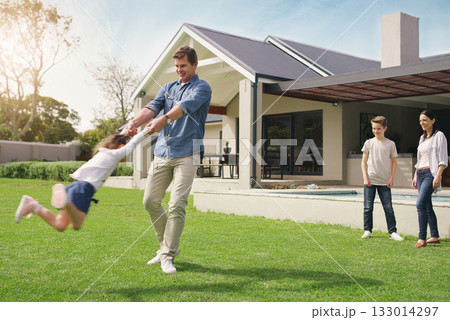 Happy family, real estate and playing on grass together from holiday, weekend or break in the outdoors. Father swinging child on new home, lawn or property for fun time or play outside the house Happy family, real estate and playing on grass together from holiday, weekend or break in the outdoors. Father swinging child on new home, lawn or property for fun time or play outside the house 133014297