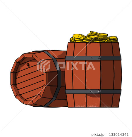 Wooden Old Vintage Barrel with Metal Bands filled by Gold Coins. Vector Illustration. 133014341