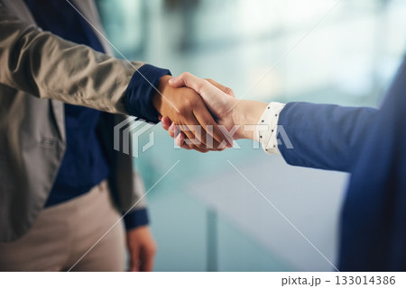 Hiring, closeup or business people shaking hands in b2b meeting for project or contract agreement. Teamwork, handshake zoom or worker with job promotion, deal negotiation or partnership opportunity 133014386