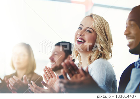 Applause, success and seminar with business woman for support, teamwork and event celebration. Wow, winner and target with audience clapping in meeting for goal, motivation and agreement 133014437