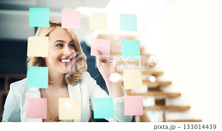 Happy business woman, brainstorming and sticky note for planning target, goals and agenda at glass window. Face of female worker smile for schedule, ideas and mindmap of vision, objectives and mockup 133014439