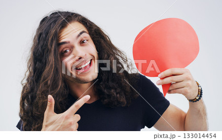 Man, speech bubble and point in studio portrait with smile, opinion or social media by white background. Gen z guy, poster or paper sign for vote, review and mockup with promo for ideas, news or chat Man, speech bubble and point in studio portrait with smile, opinion or social media by white background. Gen z guy, poster or paper sign for vote, review and mockup with promo for ideas, news or chat 133014454