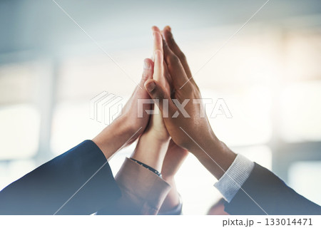 Business people, closeup high five and group for teamwork, support or mission for goal in insurance company. Team building, hands and connection with synergy, solidarity or collaboration in workplace 133014471