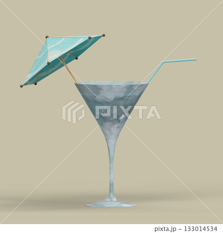 Cocktail Wine Glass with Straw and Umbrella Covered by Snow and Ice. 3D Illustration. File with Clipping Path. 133014534