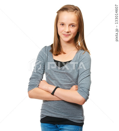 Teenager, girl and portrait smile with arms crossed standing isolated against a white studio background. Young female teen person or model smiling and posing in confidence with casual clothing Teenager, girl and portrait smile with arms crossed standing isolated against a white studio background. Young female teen person or model smiling and posing in confidence with casual clothing 133014607