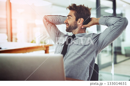 Relax, smile and laptop with business man in office for break, thinking and planning. Technology, internet and email with male employee in startup company for professional, connection and idea 133014631