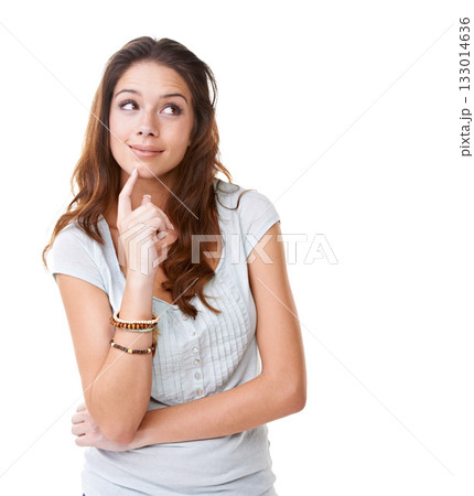 Thinking, mockup and smile with woman and idea for question, product and deal choice. Why, solution and sale with girl model wondering for beauty, decision and planning in white background studio Thinking, mockup and smile with woman and idea for question, product and deal choice. Why, solution and sale with girl model wondering for beauty, decision and planning in white background studio 133014636