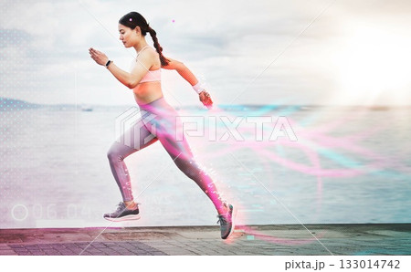 Fitness, exercise and woman running, hologram and promenade for workout, wellness or healthy lifestyle. Female runner, athlete or girl training, holographic or track progress for pulse or endurance Fitness, exercise and woman running, hologram and promenade for workout, wellness or healthy lifestyle. Female runner, athlete or girl training, holographic or track progress for pulse or endurance 133014742