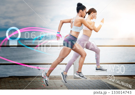 Fitness, women and running with futuristic hologram, training and exercise for wellness, track progress and promenade. Female runners, friends or ladies workout, holographic information or practice Fitness, women and running with futuristic hologram, training and exercise for wellness, track progress and promenade. Female runners, friends or ladies workout, holographic information or practice 133014743