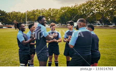 Diversity, team and men applause in sports for support, motivation or goals on grass field outdoors. Sport group clapping in fitness, teamwork or success for match preparation or game 133014763