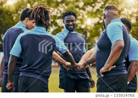 Diversity, team and men fist bump in sports for support, motivation or goals outdoors. Man sport group putting hands together for fitness, teamwork or success in collaboration before match or game 133014768