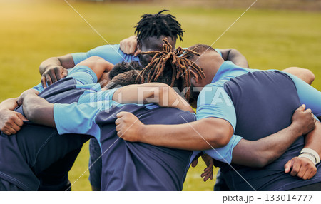 Diversity, team and men huddle in sports for support, motivation or goals outdoors. Man sport group and rugby scrum together for fitness, teamwork or success in collaboration before match or game 133014777