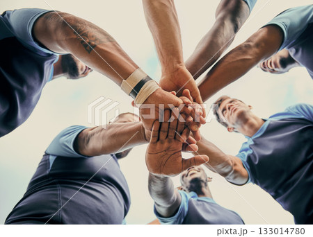 Diversity, team and men with hands together in sports below for support, motivation or goals outdoors. Man sport group piling hand for fitness, teamwork or success in collaboration for match or game 133014780