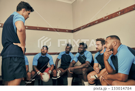 Locker room, motivation and rugby team with coach or captain in strategy discussion or game plan. Training, coaching and group of sports players planning teamwork with leader in cloakroom together. 133014784