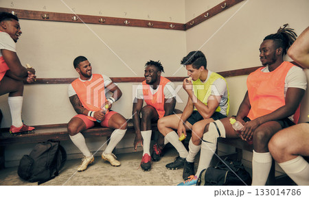 Locker room, motivation and rugby team laughing together in strategy discussion or game plan. Training, fitness and group of winning sports players planning teamwork, happy men in cloakroom together. 133014786