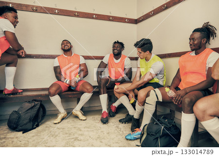 Locker room, motivation and rugby team building, happy friends in strategy discussion or game plan. Training, teamwork and group of winner sports players talking and sitting in cloakroom together. Locker room, motivation and rugby team building, happy friends in strategy discussion or game plan. Training, teamwork and group of winner sports players talking and sitting in cloakroom together. 133014789