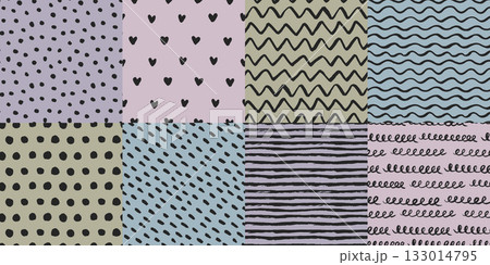 Hand-drawn seamless patterns with brush-painted waves, zigzags, polka dots Hand-drawn seamless patterns with brush-painted waves, zigzags, polka dots 133014795