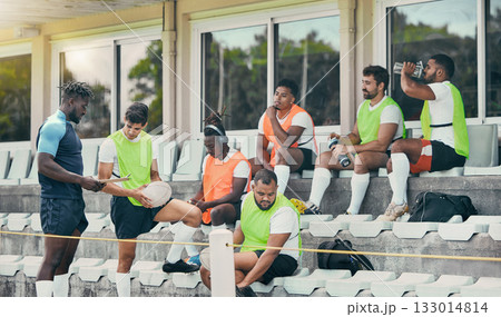 Rugby team, coaching and clipboard of people planning strategy or checklist for event, game formation or match at stadium. Diversity group, sports men and training manager goals, advice or mission 133014814