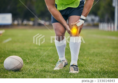 Rugby, pain and man with knee injury on sports field for practice match, training and game outdoors. Medical emergency, accident and athlete with x ray of joint inflammation, sprain and tendinitis 133014843
