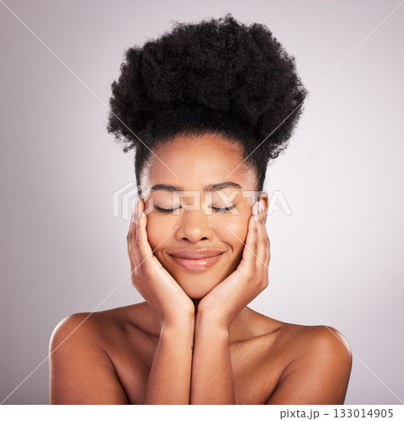 Skincare, beauty and black woman with satisfaction, confidence and white background for cosmetics. Health, dermatology and natural makeup and African model in studio in healthy care and wellness Skincare, beauty and black woman with satisfaction, confidence and white background for cosmetics. Health, dermatology and natural makeup and African model in studio in healthy care and wellness 133014905