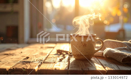 木のテーブルに置かれた湯気の立つマグカップ 133014972