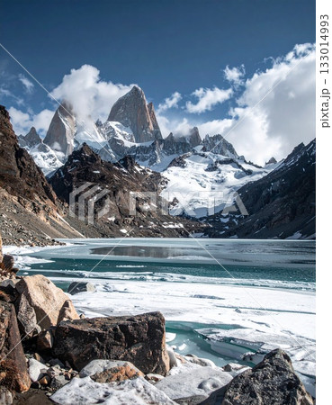 雪化粧した山々と凍った湖の雄大な風景 雪化粧した山々と凍った湖の雄大な風景 133014993