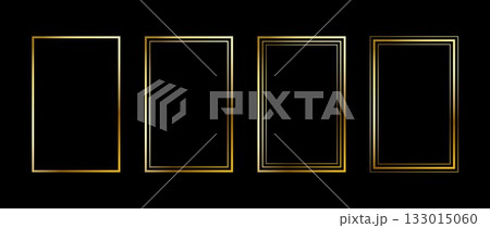 Golden thin rectangle frame set. Shining gold square borders in art deco style. Thin linear rectangular cadre collection. Vector yellow glowing shiny boarder element pack for photo, poster, card 133015060