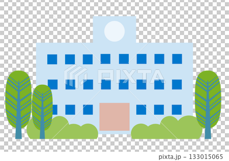 周囲に緑の木々があるシンプルな学校の校舎のイラスト 133015065