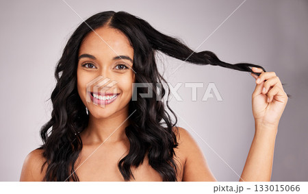 Hair, woman and beauty, happy in portrait with cosmetics and hairstyle on studio background. Wellness, shine and female smile, face and cosmetic care, keratin treatment and texture, volume and mockup 133015066