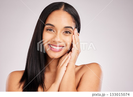 Beauty, skincare and happy with portrait of woman in studio for spa treatment, cosmetics and self care. Face, glow and natural with model on white background for smile, satisfaction and results Beauty, skincare and happy with portrait of woman in studio for spa treatment, cosmetics and self care. Face, glow and natural with model on white background for smile, satisfaction and results 133015074