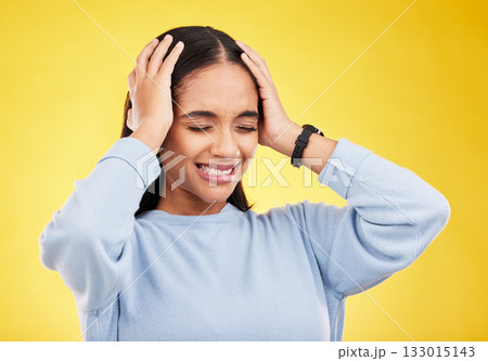 Headache, stress and woman in a studio with brain fog, tension and frustrated from burnout. Anxiety, young female and wellness problem of a sick person with mental health issue and pain from migraine 133015143